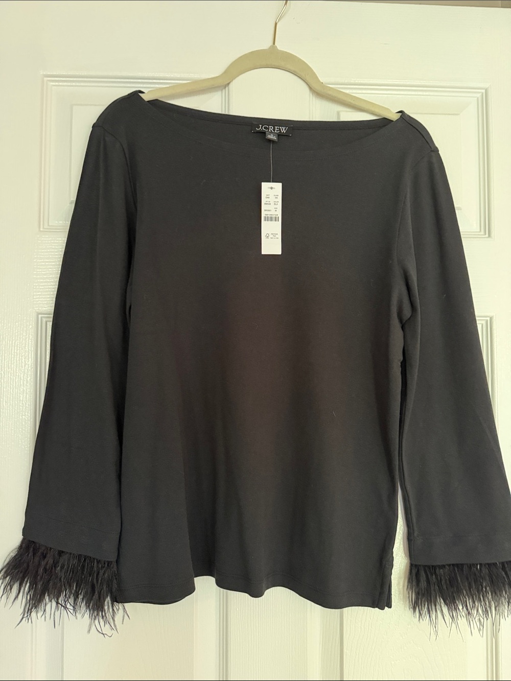 J. Crew Black Long-Sleeve Top with Feather Cuffs new with tags Medium
